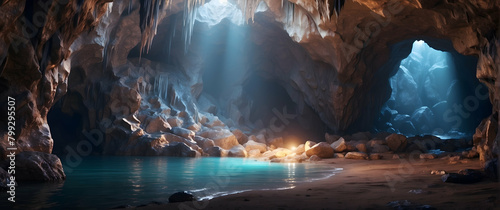 A hidden gem, this mystical cave image exudes a serene and otherworldly atmosphere with its tranquil hidden lake