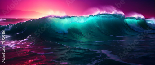 An awe-inspiring digital artwork of a massive ocean wave set against a dramatic purple and pink sunset sky