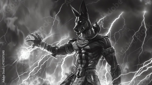 Anubis, the Egyptian god of the dead, stands before a stormy sky