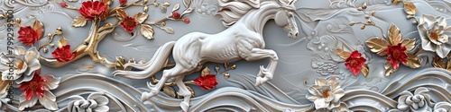 Horses jumping over a floral background in white and gold colors with red flowers.