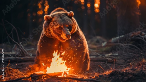 Grizzly bear sitting by bonfire in forest at sunset