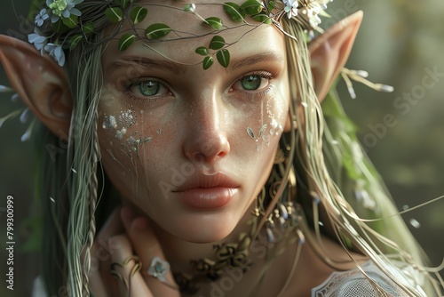 Enhance details, a photo of a beautiful elven woman with long green hair and emerald eyes