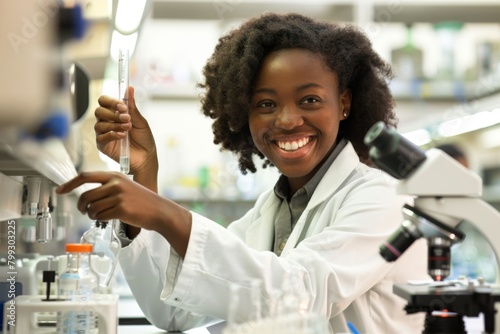 Female scientist, plant and test tube, pharmaceutical research, sustainable or herbal medicine in lab. Medical student or cheerful African science analyst with eco-friendly solution