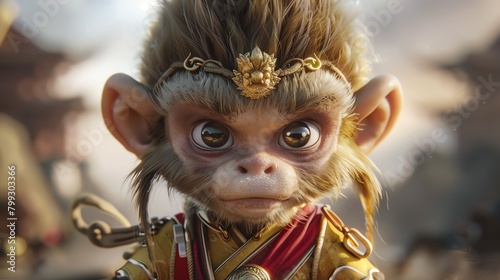 Create a 3D model of a realistic monkey king with fur, wearing golden armor, and holding a golden staff. Make sure the model is detailed and of high quality.