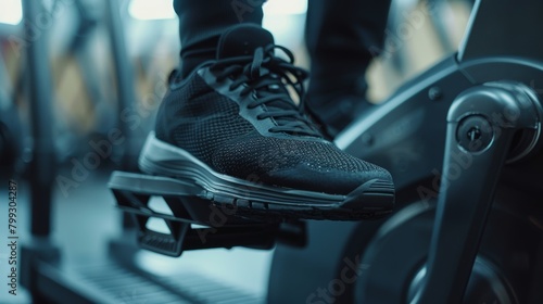 Fit man's gym-cycling foot. Gym trainer riding in athletic sneakers. Bodybuilder on gym bike cropped. Put on the correct gym sneakers. Bike leg strengthening