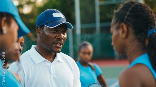Netball, sports team, or upset coach discuss game issue, teamwork mistake, or competition crisis. Coaching athlete, instructing, or group listens to fitness challenge instructions