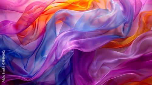 Widescreen view of multicolored fabric billowing gracefully in the wind, emphasizing movement and vibrant patterns