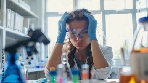 Stress, women, or scientist with lab headache from burnout, migraine, or overwork. An exhausted, irritated, or tense scientist