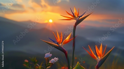 Strelitzia birds of paradise against a vivid sunset, exotic and endangered