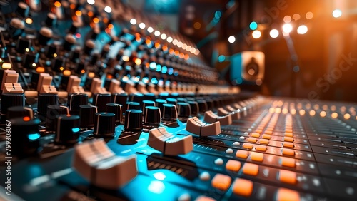 Adjust audio mixer controls for TV broadcast in a recording studio. Concept Audio Mixer Controls, TV Broadcast, Recording Studio