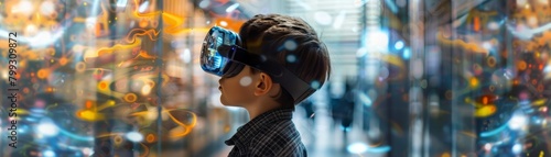 A boy wearing a VR headset is standing in a colorful virtual world.