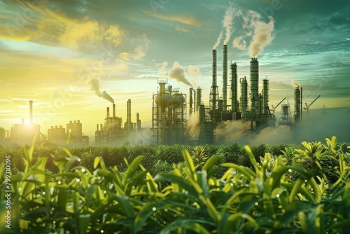 A beautiful green field with a factory in the background. The factory is emitting smoke into the air. A tall grass field is in the foreground.