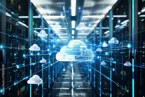 A 3D rendering of a futuristic data center with glowing blue lights and a large glowing blue cloud in the center.