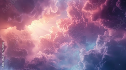 Photo of light blue soft pink fluffy cloud, 3D cloud with pastel cloud. Close up of fluffy cotton candy and sky. Abstract artistic background with water color and wallpaper. Sunlight shine. AIG42.