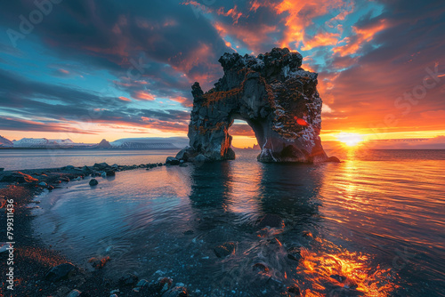 Magnificent sunrise view of the well-known Hvitserkur rock. Location: Vatnsnes Peninsula, Europe (Iceland). picture wallpaper. well-liked tourist destination.
