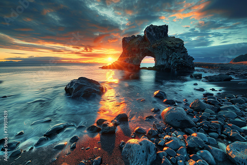 Magnificent sunrise view of the well-known Hvitserkur rock. Location: Vatnsnes Peninsula, Europe (Iceland). picture wallpaper. well-liked tourist destination. 