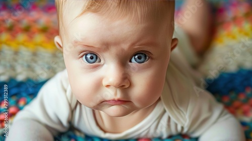 A baby with blue eyes is lying on his stomach with a grumpy expression on a colorful blanket