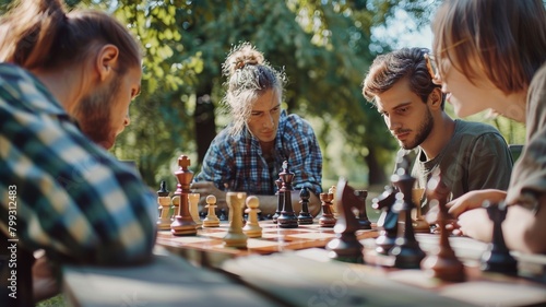 group playing chess on a park table, focusing on the chessboard and their thoughtful expressions, under tree shade