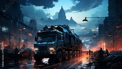 a large truck driving down a street next to a tall building at night with people standing around it and a street light..