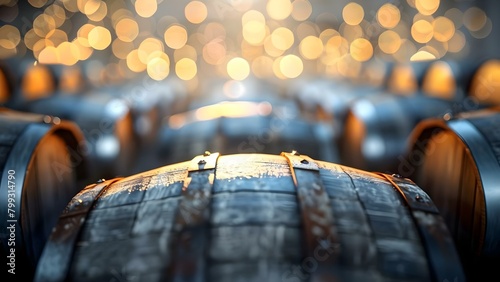 Detailed Closeup of Weathered Whiskey Barrels in Dimly Lit Aging Facility. Concept Whiskey Barrels, Aging Facility, Closeup Shots, Dim Lighting, Weathered Detail