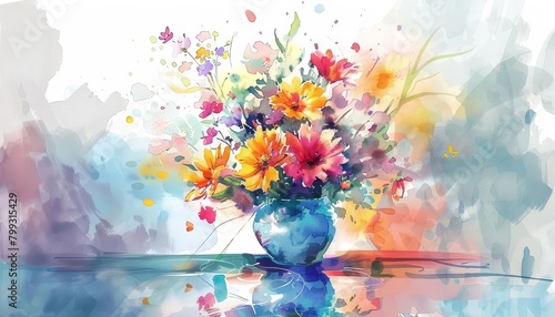 A watercolor painting of a vase of flowers. The flowers are mostly pink, yellow, and blue. The vase is blue. The background is white with splashes of color.