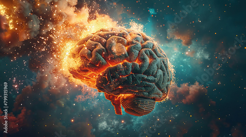 illustration of depressed brain , organ damage, crying brain sad, anxiety, depression, post partum, latest technology brain with rough smoke style art 