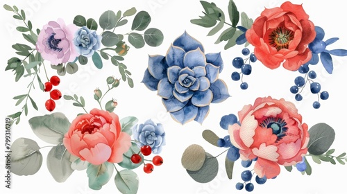 Vibrant Floral Set with Peonies and Succulents Generative AI