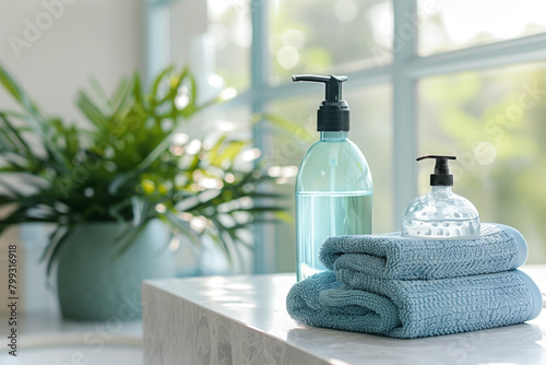 Soap Bottle, Soap Dispenser, and Towels on Counter