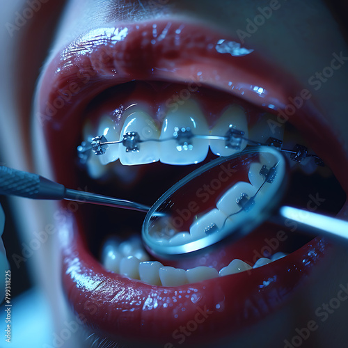 Dentist examining the condition of the patient's teeth with braces system using dental instruments, close-up of healthy teeth