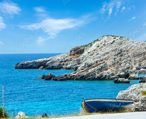 Petani Beach summer view with boat (Kefalonia, Greece)