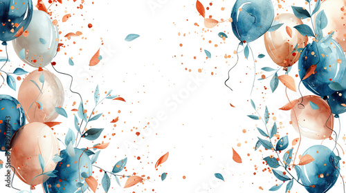 blue and beige watercolor art balloons and confetti on white background Festive or party background. Flat lay style. Copy space for text. Birthday greeting card. gender reveal party 