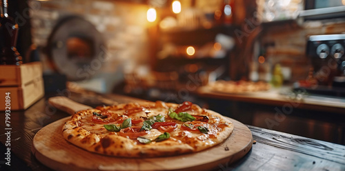 Pizza on a Wooden Board in a Rustic Restaurant Setting