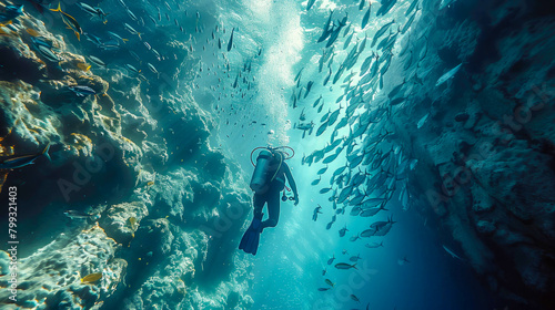 Scuba diver in the deep blue sea underwater with fishes and corals
