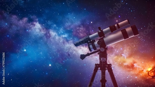 Telescope positioned in dark field for stargazing scanning starry night sky. Concept Stargazing, Telescope, Dark Field, Starry Night Sky, Astronomy