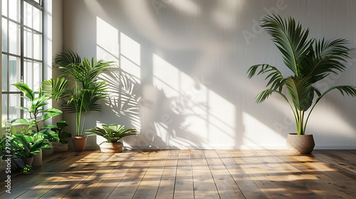 wooden floor with plant pots and wall background abstract, mockup for product or text 