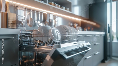 the immaculate dishes in a well-lit contemporary kitchen, presenting a high-quality image of an open dishwasher, showcasing cleanliness and modernity.