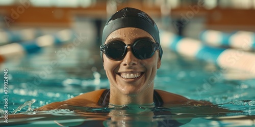 Woman swimming in pool for exercise, sports fitness, or Olympic training. Female athlete, athlete, or professional swimmer practicing for a race or marathon