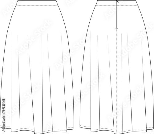 zippered a-line flared midi basic skirt template technical drawing flat sketch cad mockup fashion woman design style model 