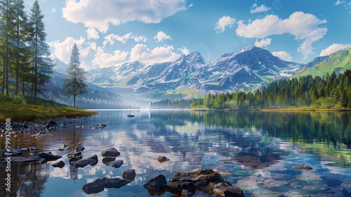 Beautiful alpine lake with crystal clear water and mountains in background. AI.