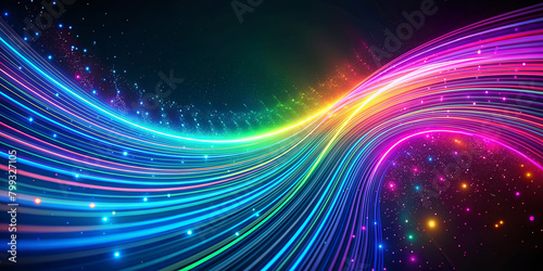 Multicoloured light streaks curve and swirl against the dark background, creating a vivid and futuristic feeling. Star-like light spots give a cosmic character to the dynamic waves of colour.AI genera