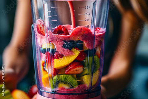 A captivating close-up photo of a woman blending a smoothie to perfection, with the blender whirring and ingredients blending together seamlessly, as vibrant swirls of fruit and li