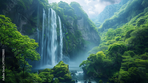  A waterfall is surrounded by lush green trees and a forest 