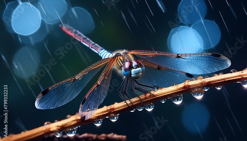  A delicate dragonfly perched on a twig during a rainy night, with raindrops glistening