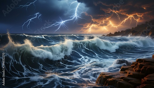 A dramatic seascape during a stormy night, with lightning in the background illuminating 