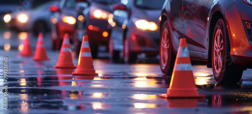 A row of cars were parked on the side of the road with traffic cones in front and behind, with wet roads reflecting lights