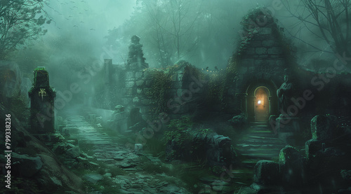 a dark fantasy gothic village, foggy night, creepy cemetary, overgrown walls and statues, small house with light on inside, old stone road, mossy stones, horror, fantasy art style painting