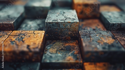A close up of a stack of rusty metal cubes.