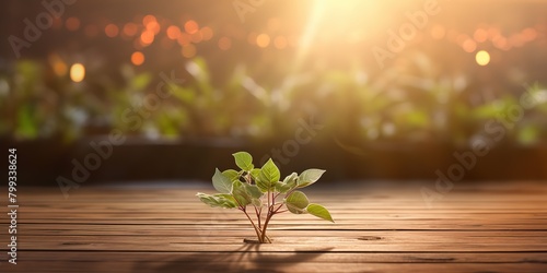Close up of a seedling growing out of a wooden dance floor with dancers far off in the background and a beautiful sunrise shining scene