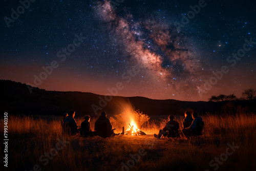 Campfire Companions: Beneath a canopy of twinkling stars, a group of friends gathers around a crackling campfire. As embers dance in the night sky, they share tales of old and drea