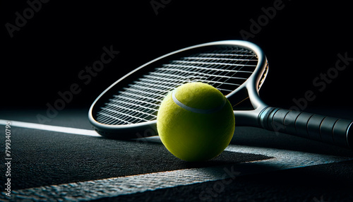 tennis racket and ball on a dark background, perfect for themes of competition and precision in sports. Suitable for advertising sports gear and promoting tennis events.